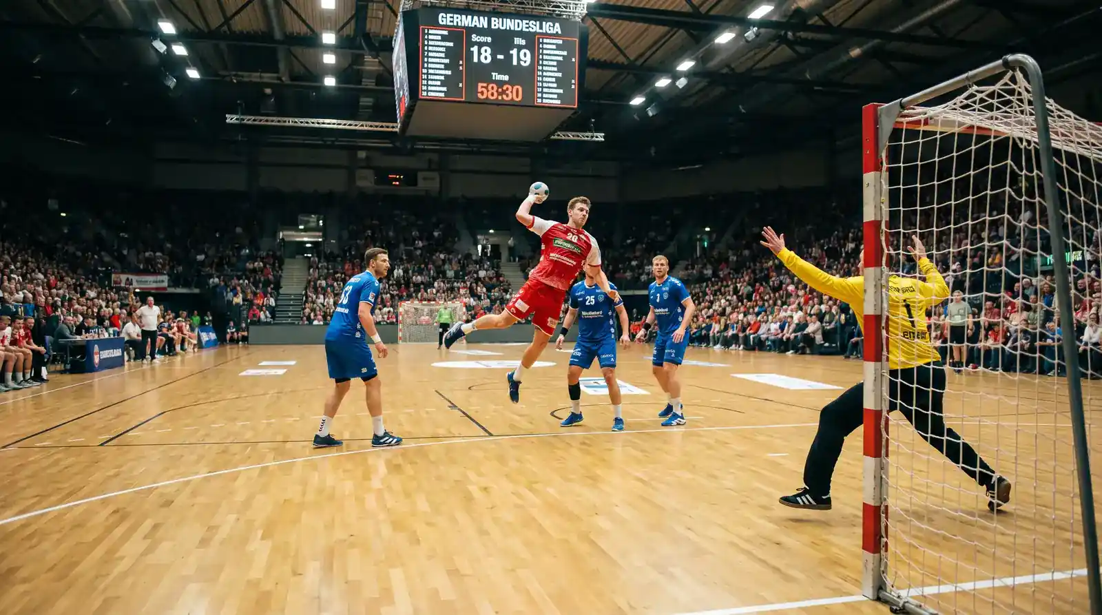 Handball Live Wetten: Spieler in Aktion auf dem Spielfeld bei einem Bundesligaspiel mit sichtbarer Spielstandsanzeige