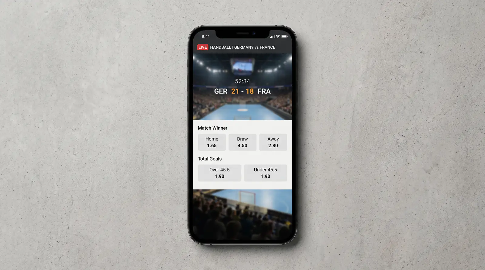 Handball Livewetten App auf dem Smartphone: Mobile Wettoberfläche mit Live-Quoten und Spielstandsanzeige