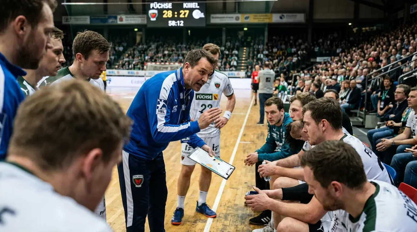Handball Live-Strategie: Trainer gibt taktische Anweisungen beim Team-Timeout, Wettanalyse im Livespiel